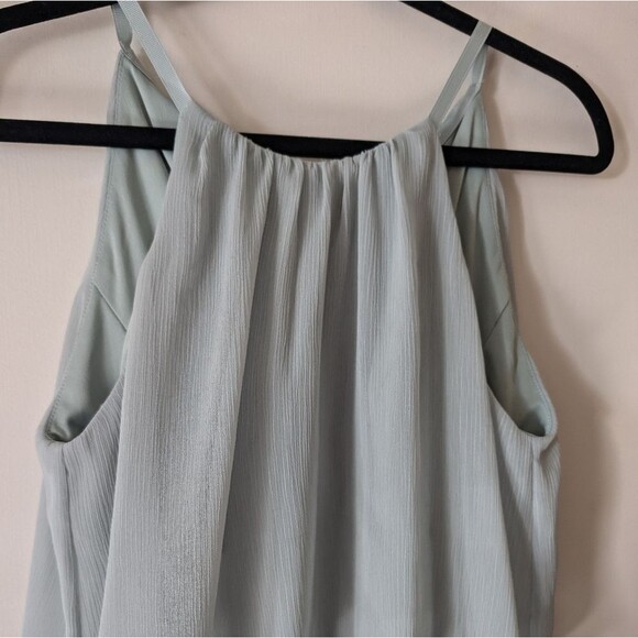 David's Bridal Flounced Chiffon Maxi Halter High Neck Dusty Sage Dress Size 6 - Picture 2 of 7